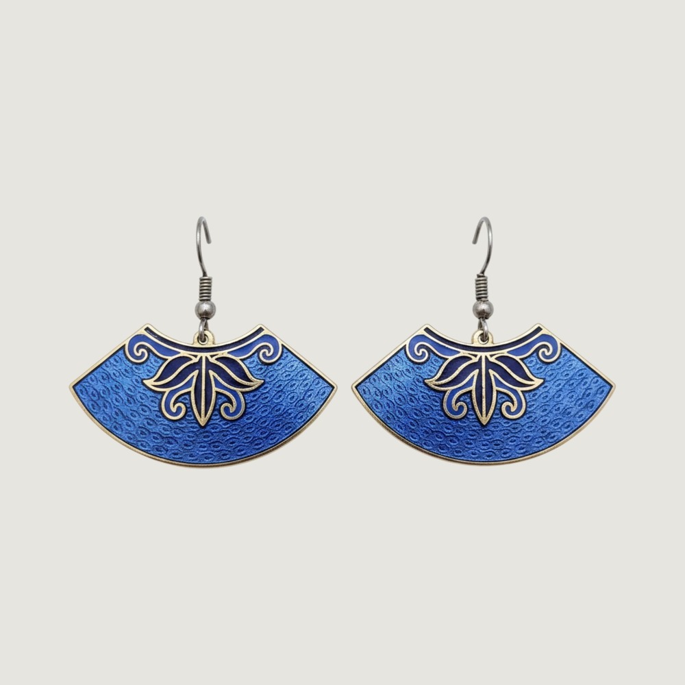 Vintage Blue Cloisonne Enamel Fan Dangle Earrings  Signed Gold Tone Floral Asian